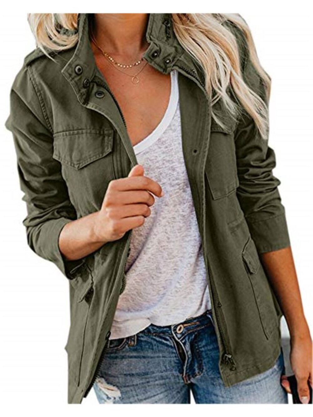 Womens Cotton Utility Jacket Lightweight Military Field Coat Stand Collar Pocket